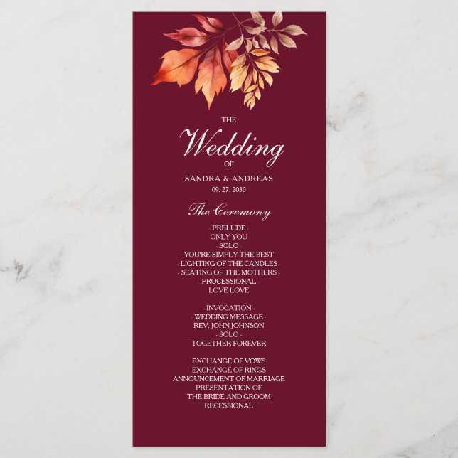 Burgundy Fall Wedding Programme (Front)