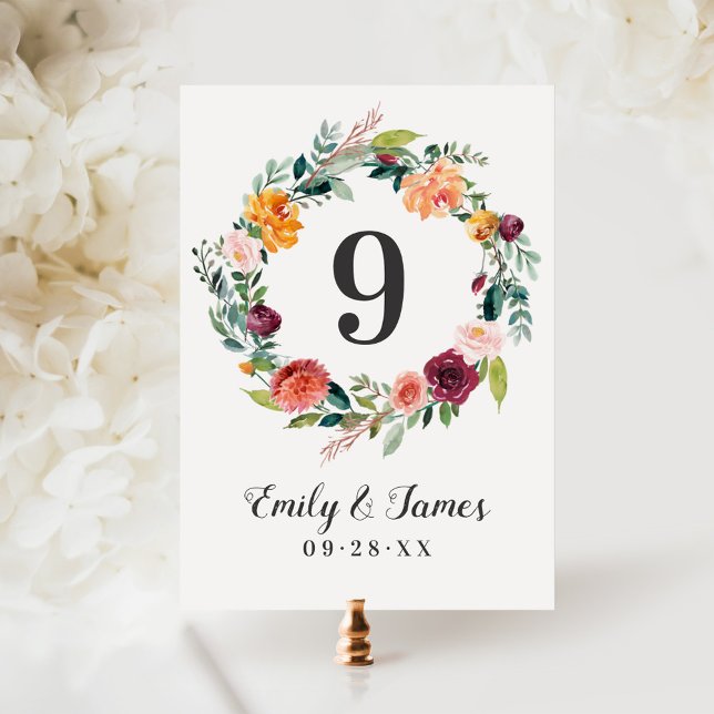 Burgundy Fall Wreath Dark Table Number Card (Creator Uploaded)