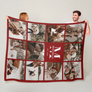 Burgundy Family Photo Collage Monogrammed Keepsake Fleece Blanket
