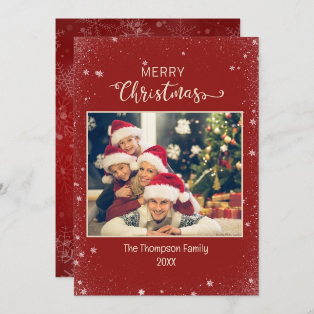 Burgundy Family Photo Snowflake Flat Holiday Card (Front/Back)