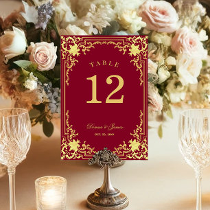 Burgundy Faux Gold Elegant Script Vintage Wedding Table Number
