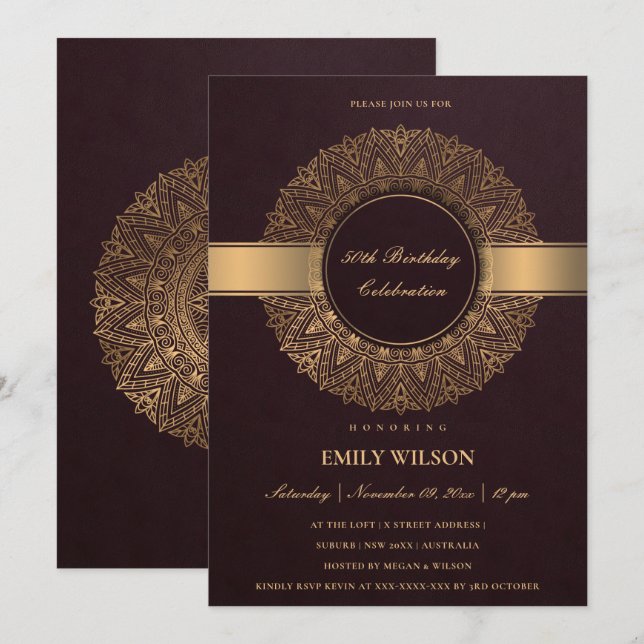 BURGUNDY FAUX GOLD MANDALA ANY YEAR 50TH BIRTHDAY INVITATION (Front/Back)