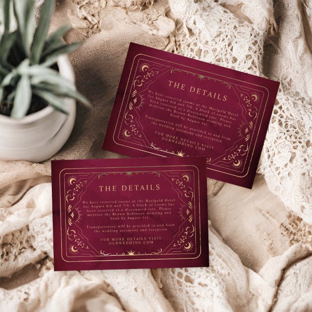 Burgundy Faux Gold Tarot Celestial Wedding Details Enclosure Card (Creator Uploaded)