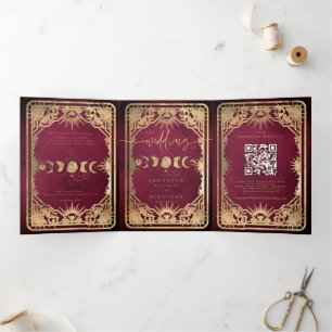 Burgundy & Faux Gold Tarot Celestial Wedding Tri-Fold Invitation