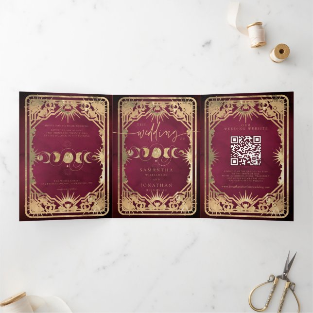 Burgundy & Faux Gold Tarot Celestial Wedding Tri-Fold Invitation (Inside)