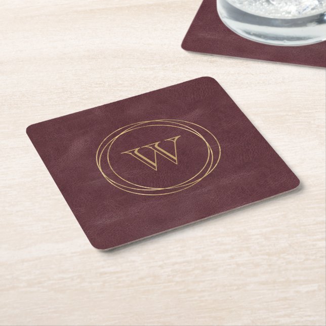 Burgundy Faux Leather Gold Circles Monogram Square Paper Coaster (Angled)