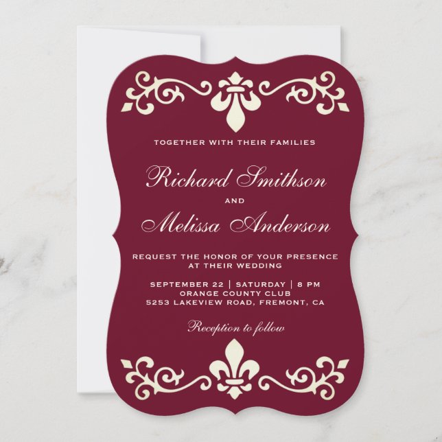 Burgundy Fleur De Lis Flourish Wedding Invitation (Front)