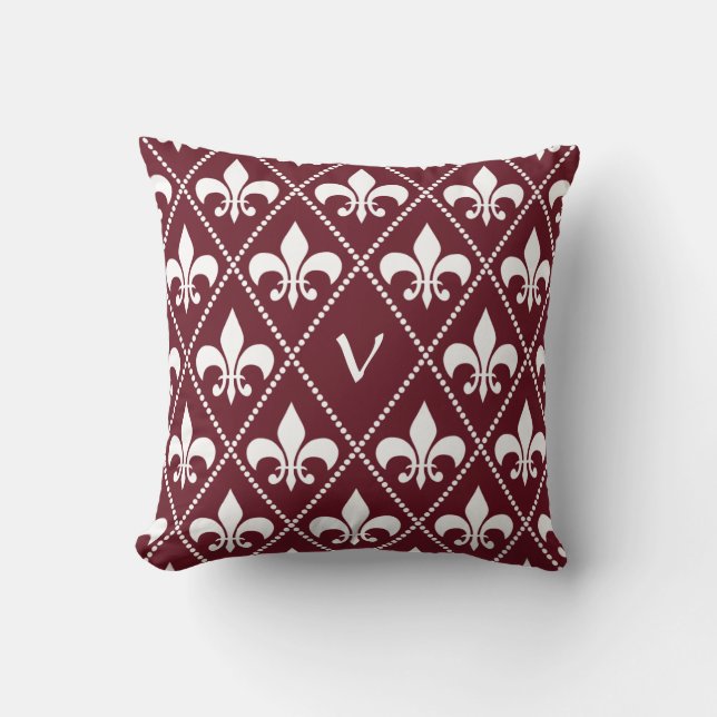 Burgundy Fleur de Lis with monogram initial Cushion (Front)