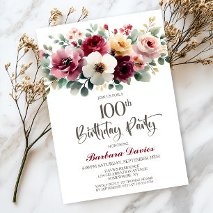 Burgundy Floral 100th Birthday Party Invitation