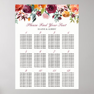 Burgundy floral 12 Tables Wedding Seating Chart