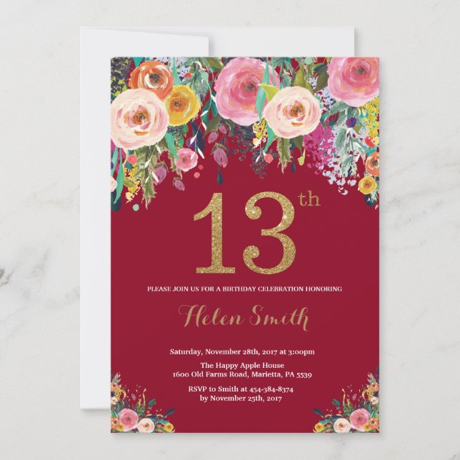 Burgundy Floral 13th Birthday Invitation Gold (Front)