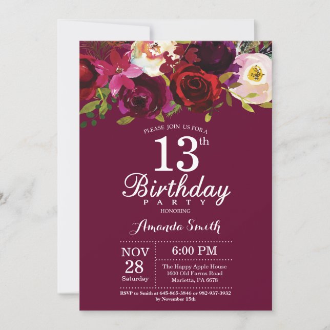 Burgundy Floral 13th Birthday Party Invitation (Front)