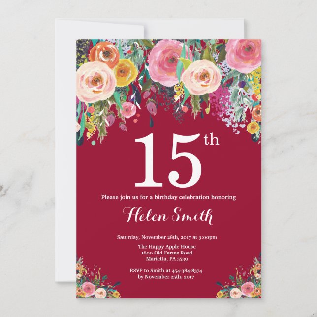 Burgundy Floral 15th Birthday Invitation (Front)
