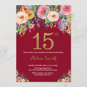 Burgundy Floral 15th Birthday Invitation Gold