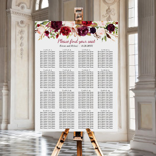 Burgundy Floral 16 Tables Wedding Seating Chart