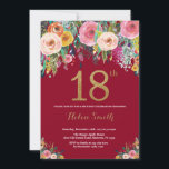 Burgundy Floral 18th Birthday Invitation Gold<br><div class="desc">Burgundy Floral 18th Birthday Invitation for Women. Watercolor Floral Flower. Black and Gold Glitter. Pink,  Yellow,  Orange,  Purple Flower. Adult Birthday. For further customisation,  please click the "Customise it" button and use our design tool to modify this template.</div>