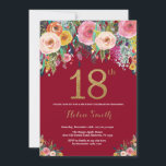 Burgundy Floral 18th Birthday Invitation Gold<br><div class="desc">Burgundy Floral 18th Birthday Invitation for Women. Watercolor Floral Flower. Black and Gold Glitter. Pink,  Yellow,  Orange,  Purple Flower. Adult Birthday. For further customisation,  please click the "Customise it" button and use our design tool to modify this template.</div>