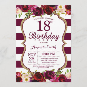 Burgundy Floral 18th Birthday Party Invitation