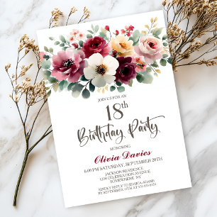 Burgundy Floral 18th Birthday Party Invitation