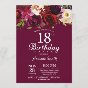 Burgundy Floral 18th Birthday Party Invitation