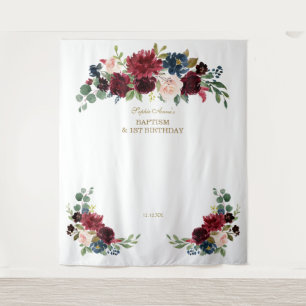 Burgundy Floral 1st Birthday Baptism Photo Booth Tapestry