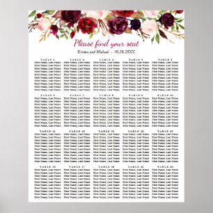 Burgundy Floral 20 Tables Wedding Seating Chart