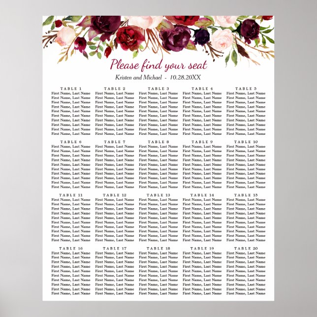 Burgundy Floral 20 Tables Wedding Seating Chart (Front)