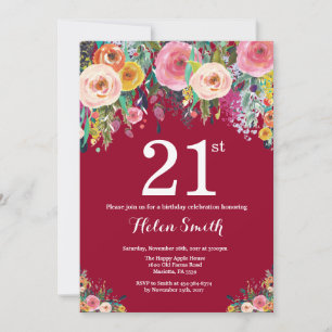 Burgundy Floral 21st Birthday Invitation