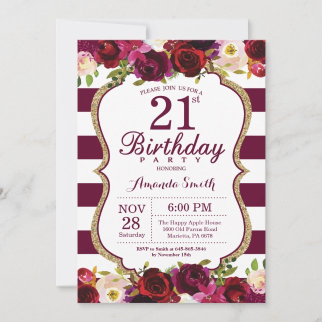 Burgundy Floral 21st Birthday Party Invitation (Front)