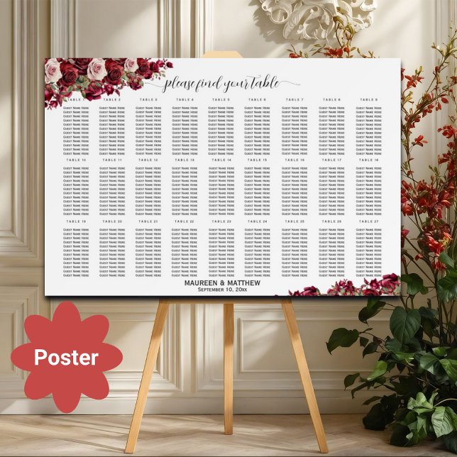 Burgundy Floral 27 Tables Wedding Seating  Poster (Creator Uploaded)