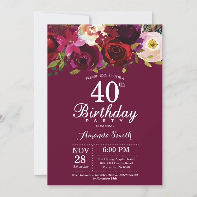 Burgundy Floral 40th Birthday Party Invitation (Front)