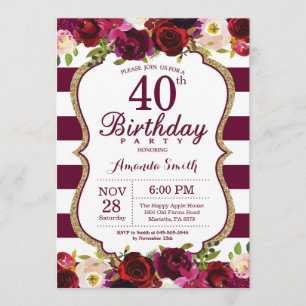 Burgundy Floral 40th Birthday Party Invitation