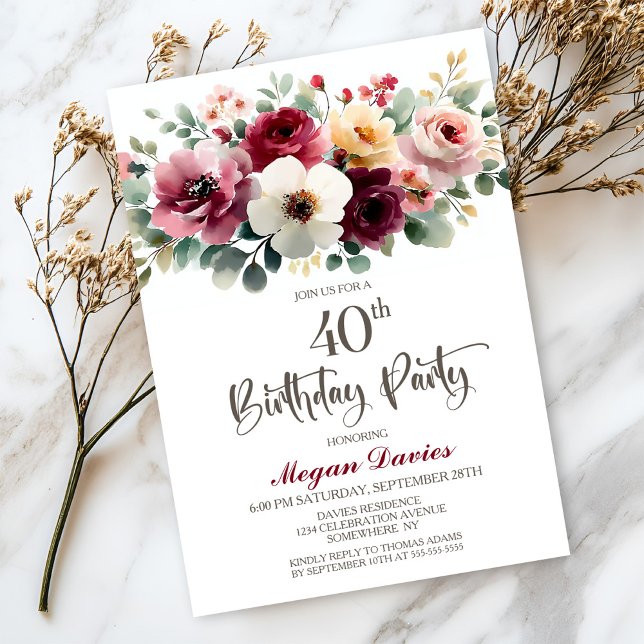 Burgundy Floral 40th Birthday Party Invitation (Creator Uploaded)