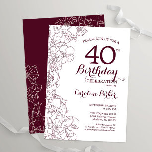 Burgundy Floral 40th Birthday Party Invitation