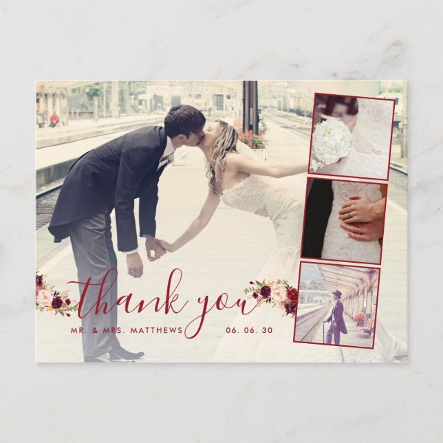 Burgundy Floral 4 Photo Collage Wedding Thank You Postcard (Front)