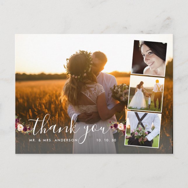 Burgundy Floral 4 Photo Collage Wedding Thank You Postcard (Front)