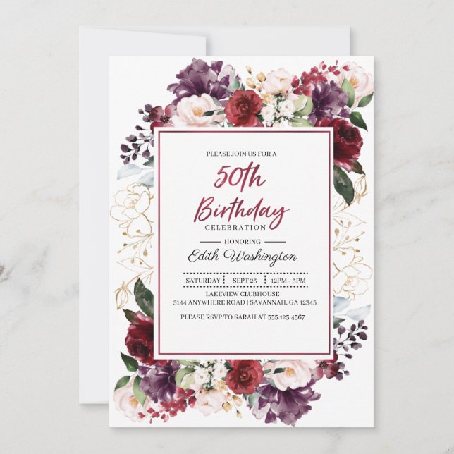 Burgundy Floral 50th Birthday Invitation (Front)