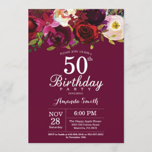 Burgundy Floral 50th Birthday Party Invitation