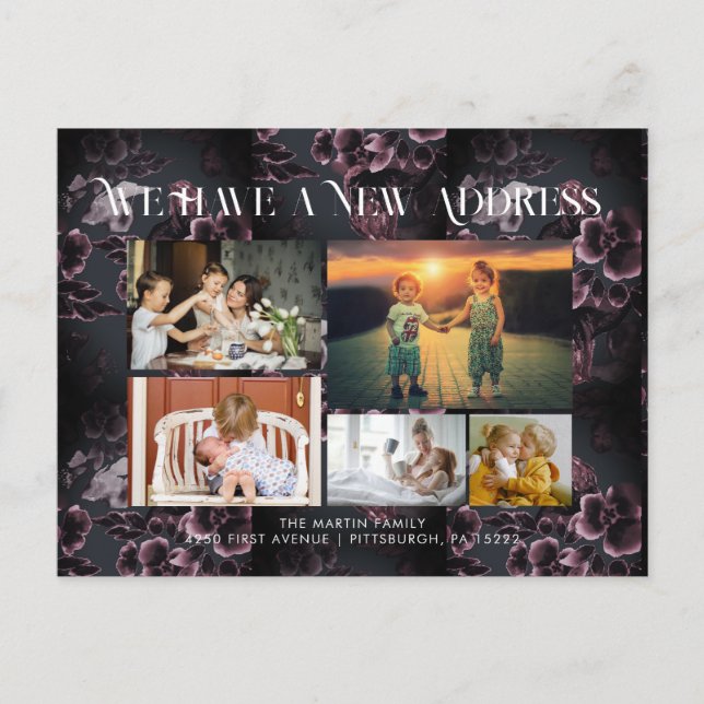 Burgundy floral 5 Photos Moving Announcement Postcard (Front)