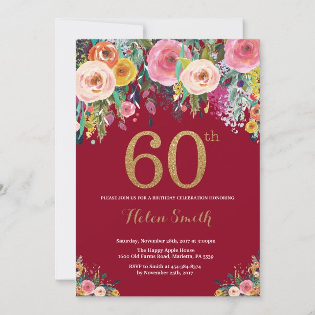 Burgundy Floral 60th Birthday Invitation Gold (Front)