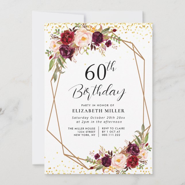 burgundy floral 60th birthday party invitation (Front)