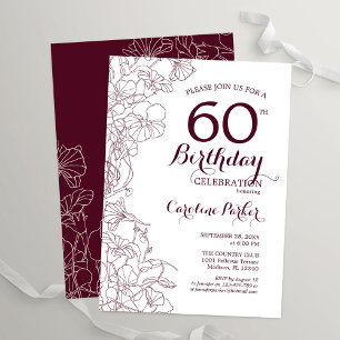 Burgundy Floral 60th Birthday Party Invitation