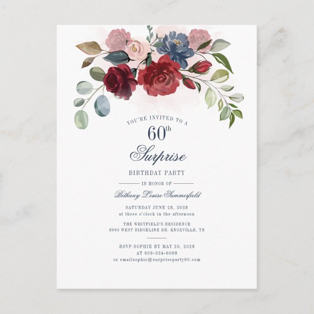 Burgundy Floral 60th Birthday Surprise Party Invitation Postcard (Front)