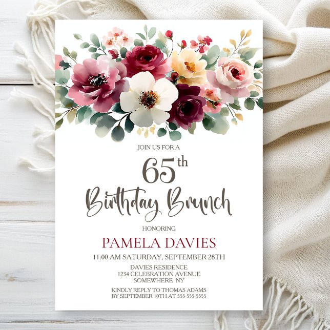 Burgundy Floral 65th Birthday Brunch Invitation (Creator Uploaded)