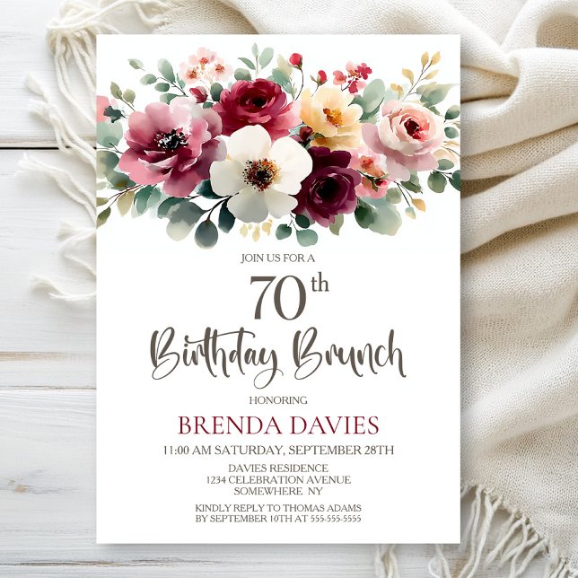 Burgundy Floral 70th Birthday Brunch Invitation (Creator Uploaded)