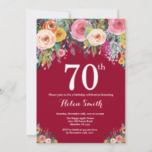 Burgundy Floral 70th Birthday Invitation