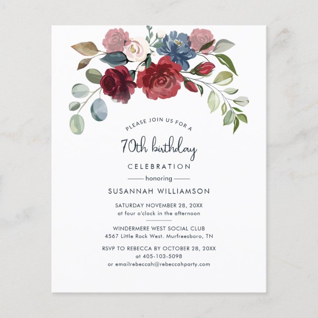 Burgundy Floral 70th Birthday Party Invitation (Front)