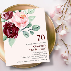 Burgundy Floral 70th Budget Birthday Invitation