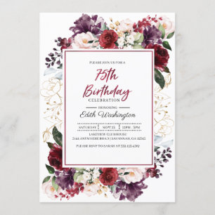 Burgundy Floral 75th Birthday Invitation