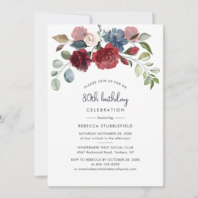 Burgundy Floral 80th Birthday Botanical Invitation (Front)